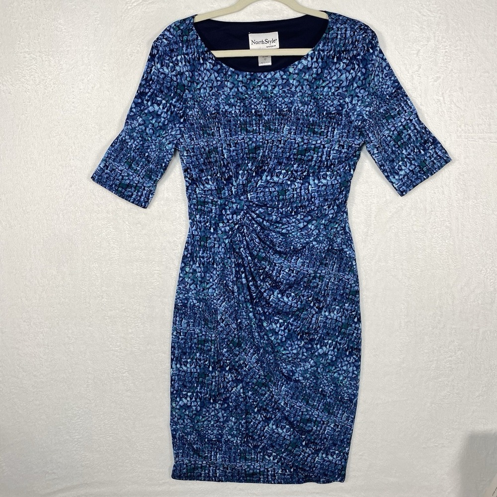 NorthStyle Mosaic Print Sheath Dress Sz 8 Blue Abstract Ruched Waist Artsy Midi